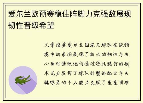 爱尔兰欧预赛稳住阵脚力克强敌展现韧性晋级希望 爱尔兰欧预赛稳住阵脚力克强敌展现韧性晋级希望